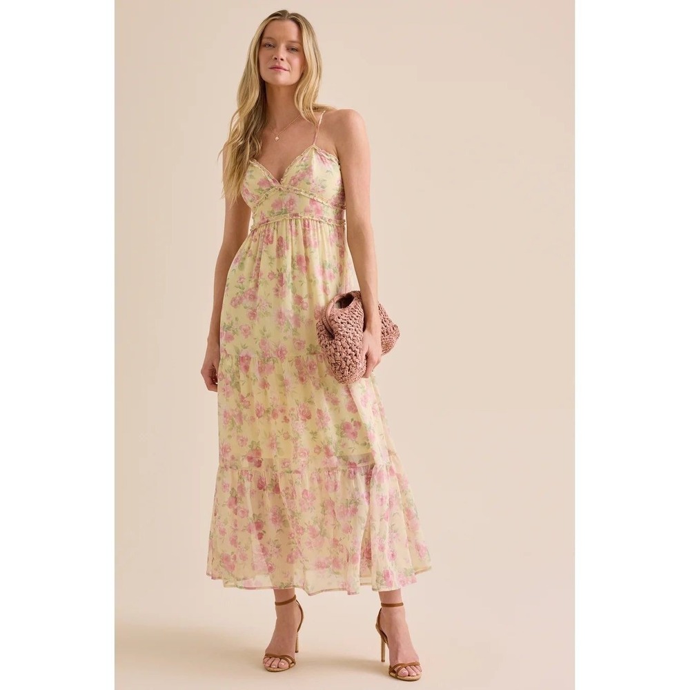 Altar'd State Floral Tiered Ruffle Maxi Dress Cottagecore V-Neck Size Large